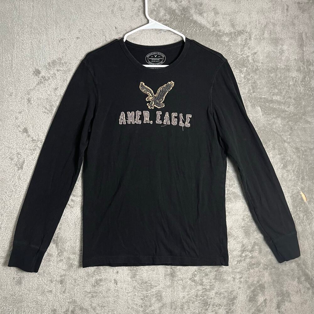 Vintage American Eagle Long Sleeve‎ Tee Black Y2K Streetwear Logo Small Fitted